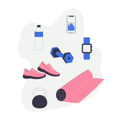 Flat style fitness set with dumbbell, sneakers, yoga mat, smartwatch, phone, water bottle, and kettlebell. Ideal for health, gym, sport, and wellness designs.