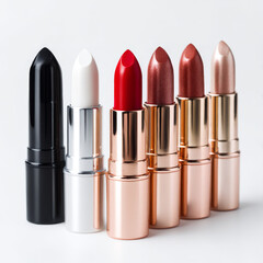 Obraz premium Vector realistic lipstick packaging collection. Black, white, red, silver, gold, rose gold plastic tubes isolated on white background. Set of cosmetic products templates.