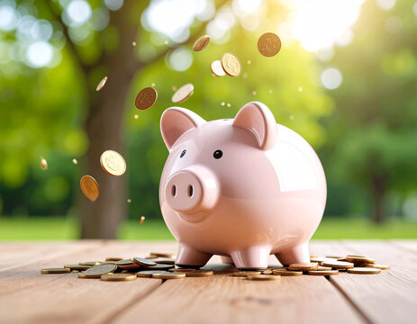 piggy bank with coins dropping from the sky