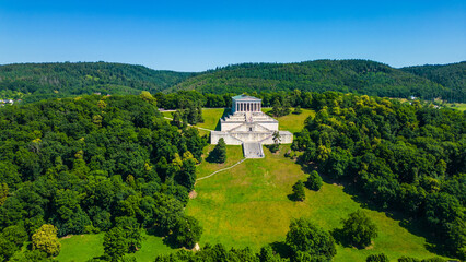 Walhalla memorial near Regensburg captured from a drone on a sunny day, perched above the Danube...