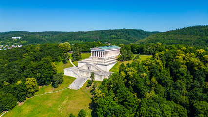 Walhalla memorial near Regensburg captured from a drone on a sunny day, perched above the Danube...