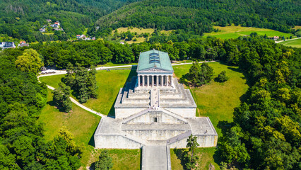 Walhalla memorial near Regensburg captured from a drone on a sunny day, perched above the Danube...