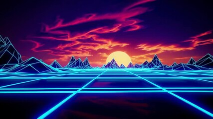  Futuristic retro-wave landscape with neon blue grid and polygonal mountains under a vibrant sunset sky, embodying digital and virtual reality concept - Powered by Adobe
