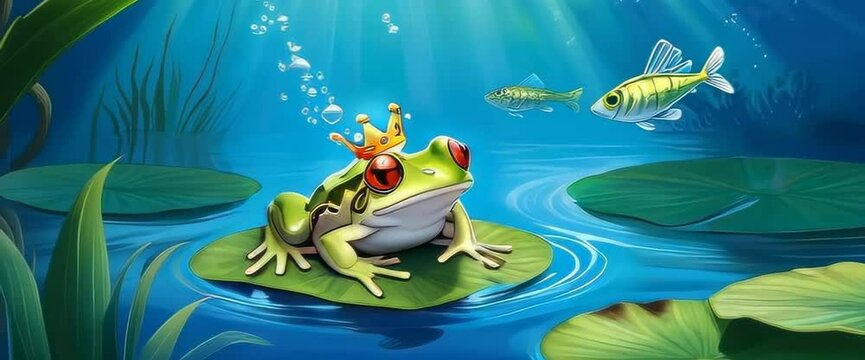A frog is sitting on a lily pad with a crown on its head. The frog is smiling and he is happy. The image has a whimsical and playful mood, as the frog is wearing a crown