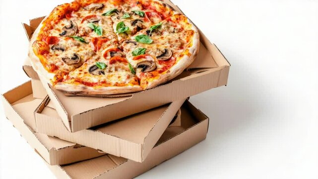 A single pizza sitting on top of a stack of delivery boxes, great for commercial use, food photography or online content