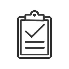 Minimalist Clipboard Icon with Checkmark and Lines on White Background