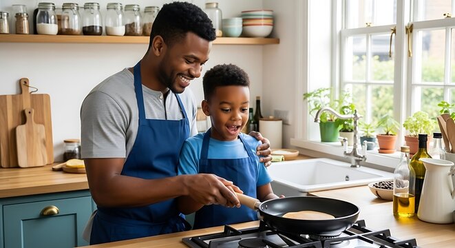 Happy father and son black enjoying cooking breakfast together in the kitchen making pancakes and smiling fatherhood family bonding and healthy eating lifestyle moments