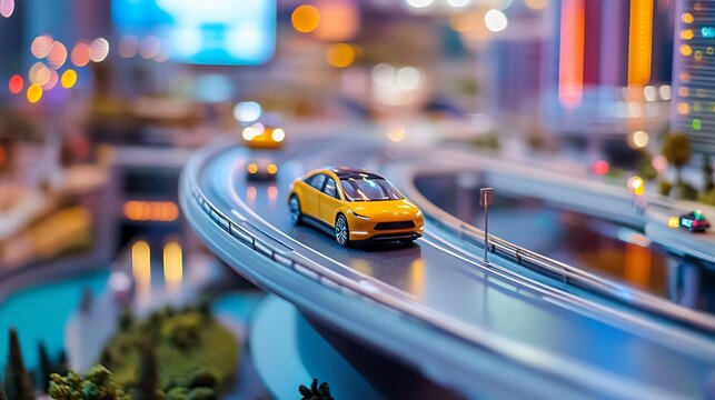 A futuristic miniature layout on a table showcases smart transit systems with self-driving vehicles and hyperloop lines.

