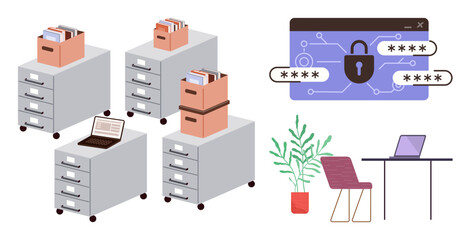File cabinets and folders, secure digital passwords with a lock, minimalist work desk, plant, and chairs. Ideal for organization, cybersecurity, privacy, data management office setup productivity