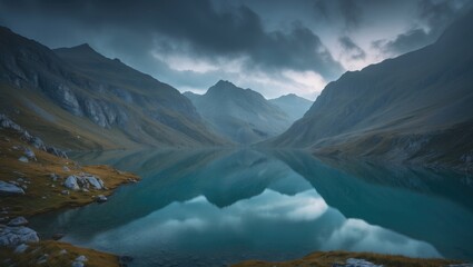 A stunning mountain lake landscape with reflections and dramatic clouds. Nature scene, scenic view, serene environment, and tranquil waters.