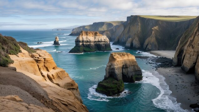 Amazing cliff rocks on the west coast with sea stacks, rugged cliffs, and scenic shoreline views. Coastal geological formations and ocean landscape.