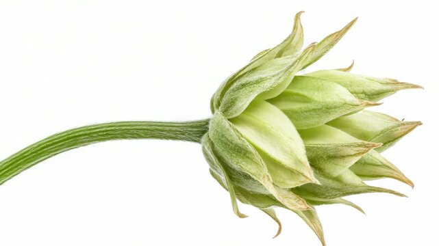 A small flower bud grows on a stem set against a clean white background, ideal for use in beauty or nature-themed designs