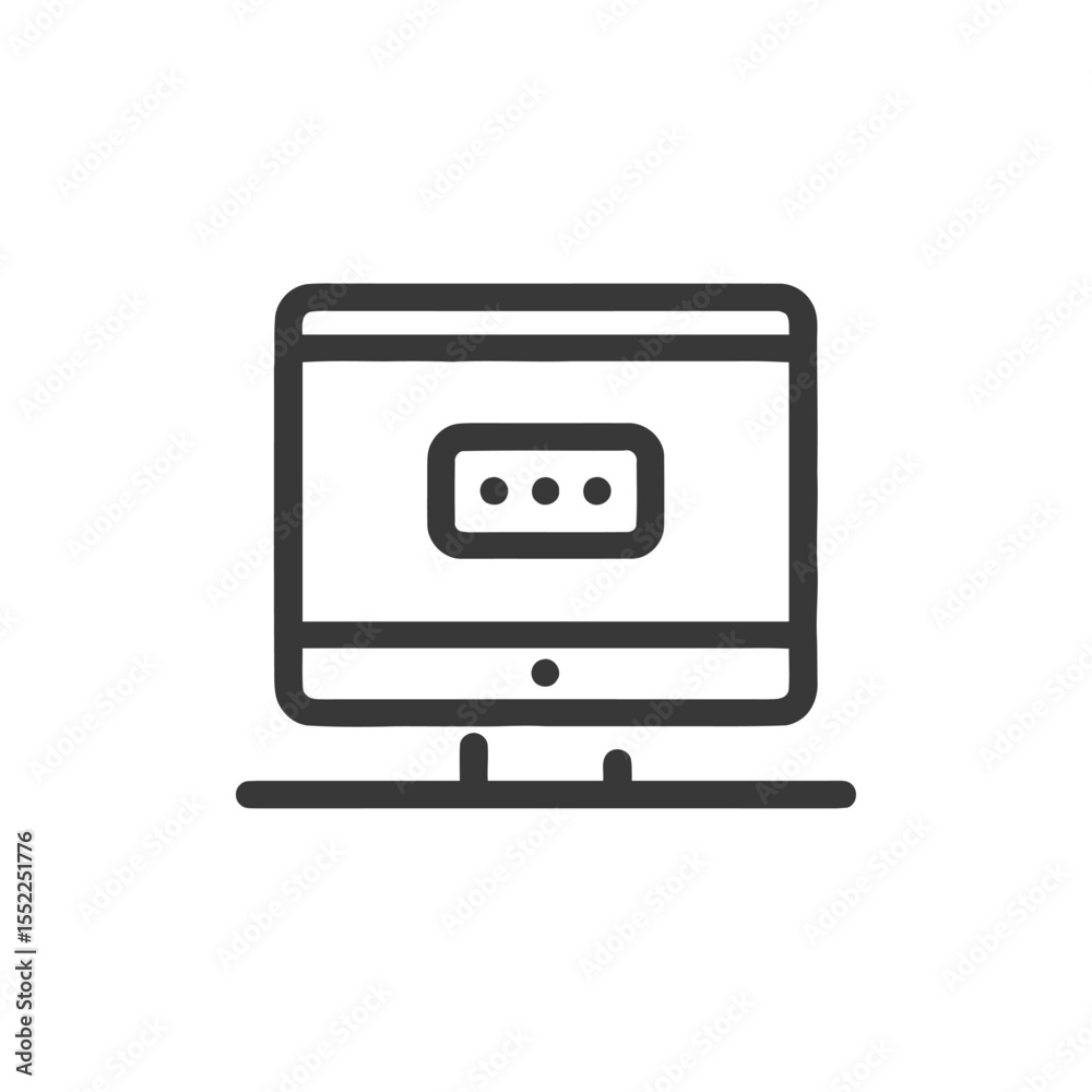 Poster minimalist computer icon with loading dots on screen, black outline on white