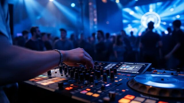 DJ manipulating audio mixer console in nightclub. Hand-adjustable controls for creating music at live concerts. Blue light background during party. 4k videos