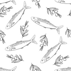 Seamless pattern with sardine and branches olive. Ideal for seafood packaging, kitchen textiles, restaurant branding, wrapping paper, or retro nautical-themed designs