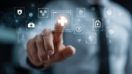 Digital Healthcare Technology Interface Modern Medical Insurance Business Professional Hand Touching Screen Futuristic Innovation Digital Health Solution Global Healthcare System  