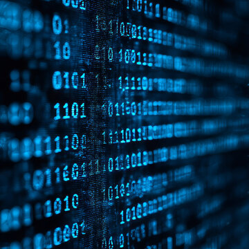 Blue Binary Data Software Programming Code Background. Random Parts of Program Code. Digital Data Technology Concept. 1 0 Machine Code. Random Binary Data Matrix Wide Vector Illustration.