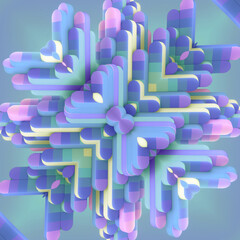 Digital illustration of a symmetrical pattern of a group of colorful geometric objects with rounded edges. 3d rendering