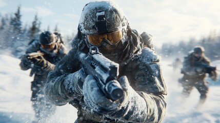 A squad of military soldiers takes action in a wintry landscape, showcasing bravery, strategy, and teamwork amid challenging conditions in a snowy battlefield environment.