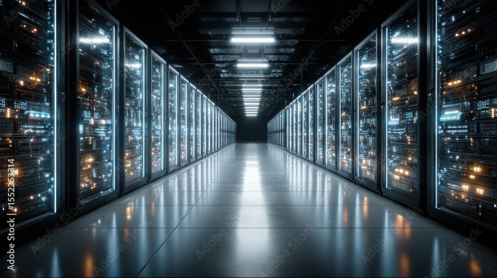 Leinwandbilder Futuristic Data Storage Facility with Illuminated Server Racks and High Tech Infrastructure in a Modern Data Center Environment