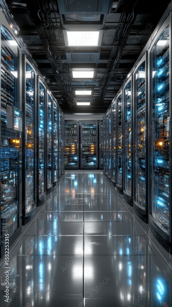 Poster Ultra Modern Data Center Room with Rows of Server Racks and Advanced Cooling System for Data Storage and Network Infrastructure