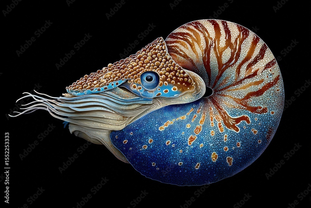 Poster Close-up of a vibrant colorful underwater creature showcasing intricate patterns and vivid textures on its body and on a black background