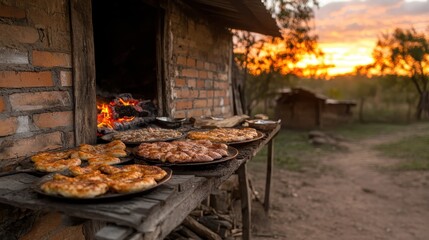 Savoring outdoor baking, this vibrant scene showcases freshly made pizzas arranged on a rustic wooden table against the backdrop of a stunning sunset, radiating warmth and charm.