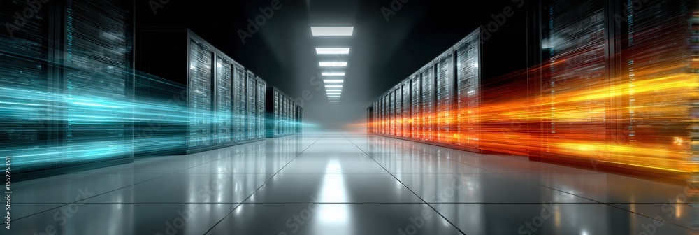 Poster Futuristic Data Center Hall with Bright LED Displays and Speed Motion Blur Effects Reflecting Advanced Technology Concept