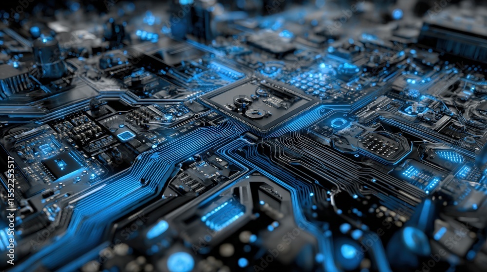 Poster Close-up of a futuristic electronic circuit board with glowing blue technological components and intricate microchip connections
