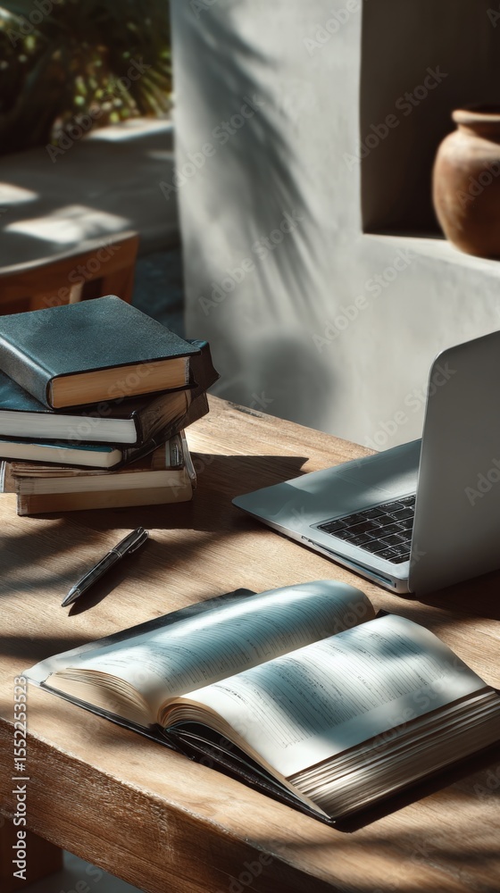 Poster cozy rustic workspace with open book laptop and stack of hardcover books on wooden desk illuminated 
