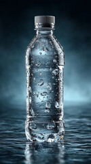 Chłodna butelka wody z kroplami rosy na powierzchni, lśniąca na niebieskim tle. Orzeźwienie i czystość w jednym ujęciu.