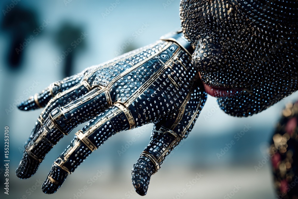 Poster close-up of a futuristic robotic hand with intricate metallic details and led lights, gripping a per