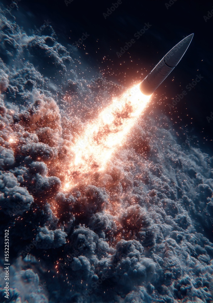 Poster high-speed rocket launch into space from cloudy atmosphere du night with bright flames and smoke plu