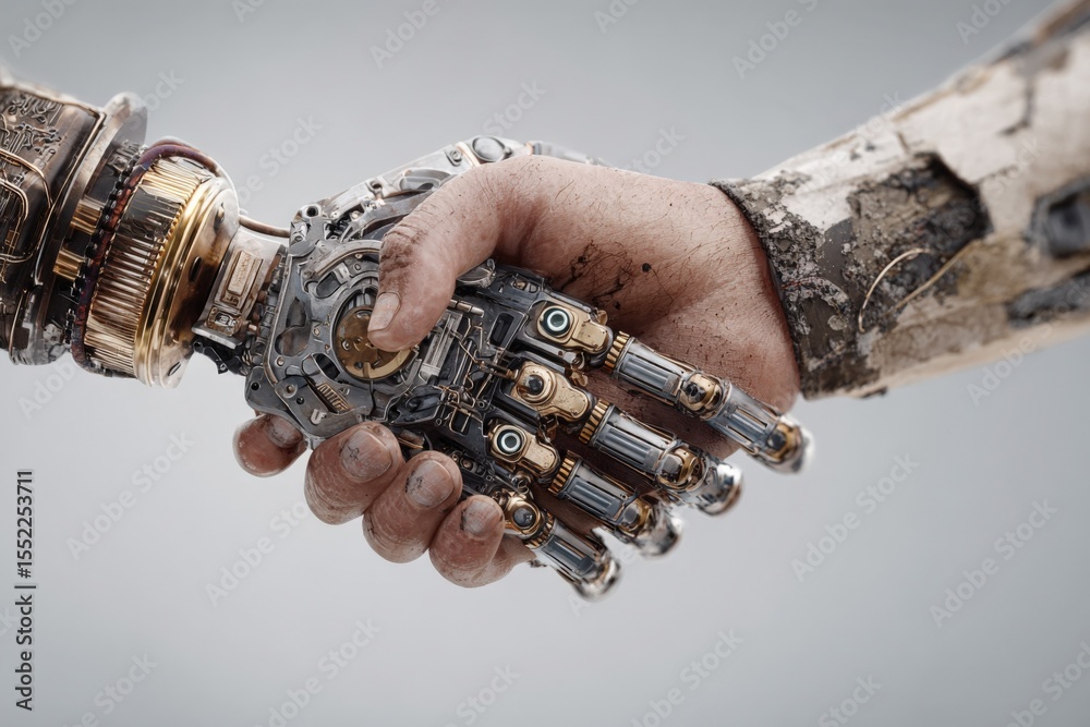 Poster Close-up of a human hand and a robotic hand clasping each other symbolizing human-robot collaboration and the future of technology interaction