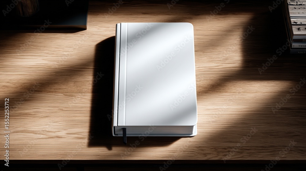 Poster minimalist white notebook with silver spine on wooden desk with shadow and soft lighting for office 