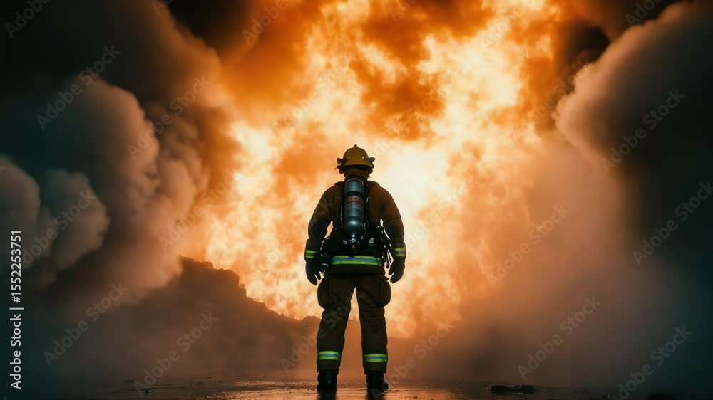 Poster a firefighter stands in front of a massive fire, ready to take action