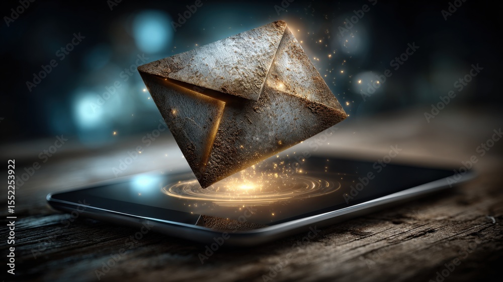 Poster futuristic gray metallic envelope email icon hologram floating above smartphone with glowing digital