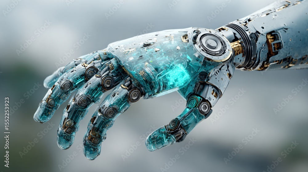 Poster futuristic robot hand with glowing water splashes, mechanical joints and metallic details interactin