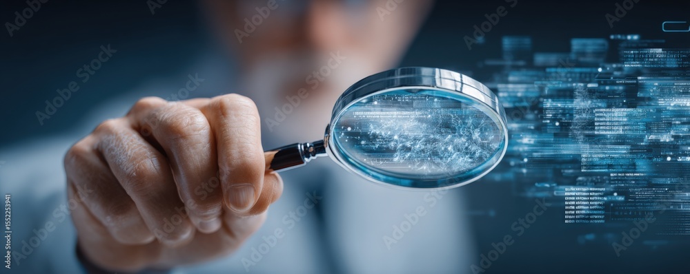 Poster Close-up of a person's hand holding a magnifying glass examining data and digital information on a transparent screen in a high-tech futuristic environment