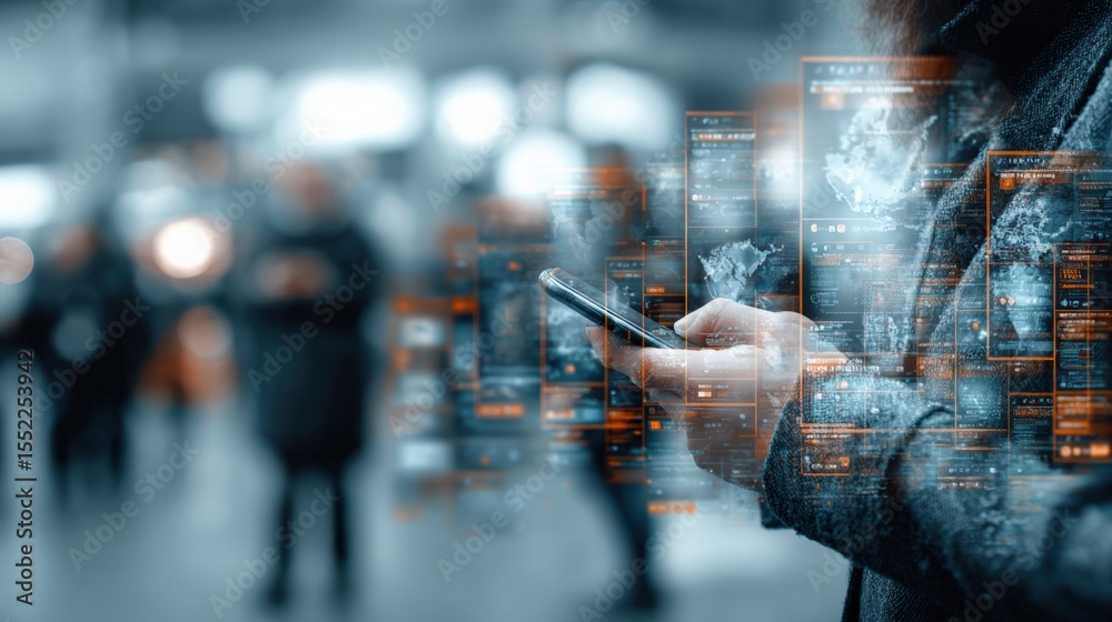 Aufkleber Futuristic digital interface with holographic data displays and a person holding a smartphone in a modern urban setting with blurred city background