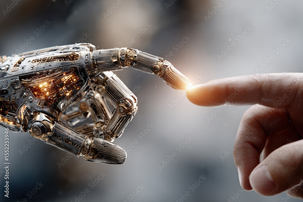 Poster futuristic robotic hand gently touching a human finger with sparks and light effects, symbolizing hu