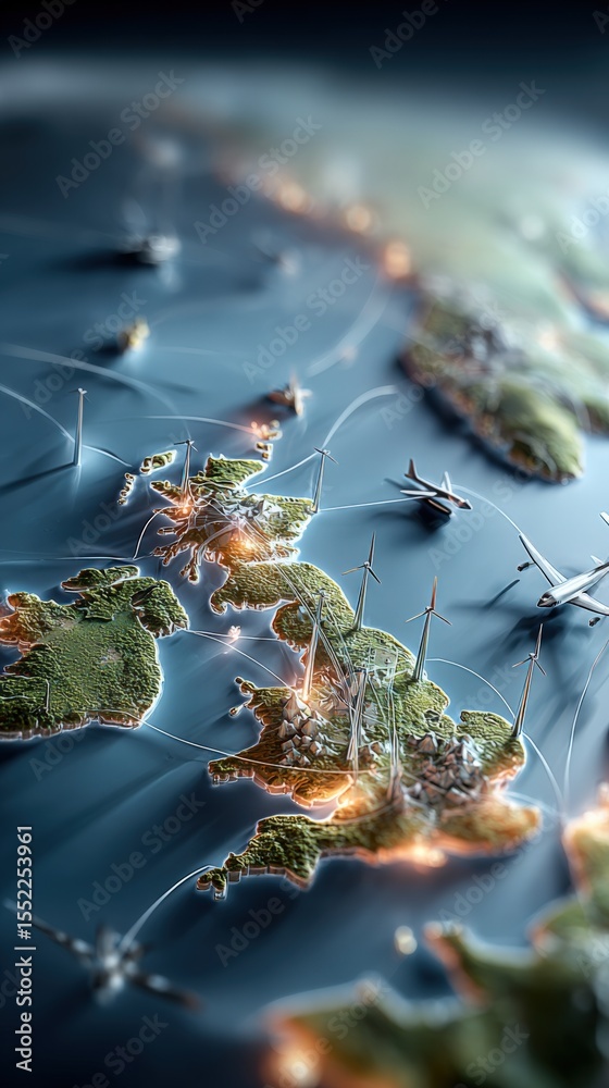 Leinwandbilder Highly detailed map illustration of a modern technology network interconnected by data lines across a stylized globe with digital nodes and global communication themes