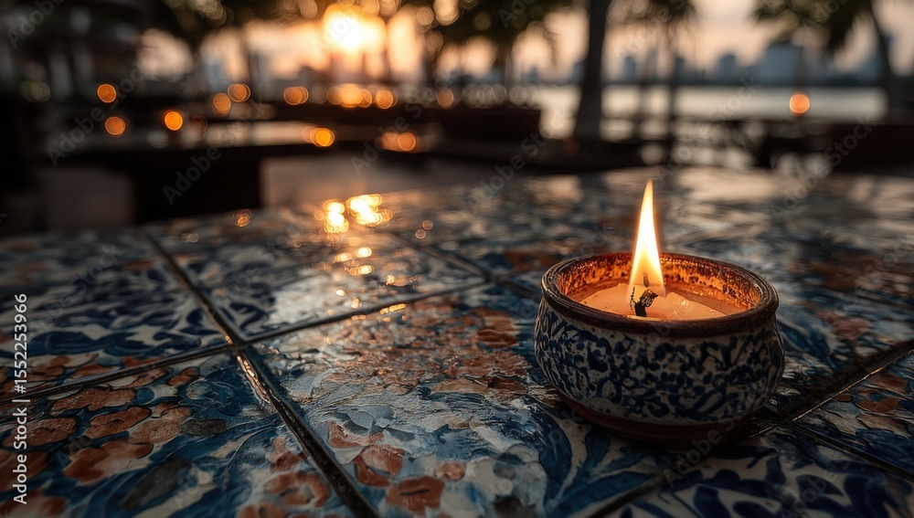 Poster serene outdoor evening scene with a lit tealight candle in a decorative ceramic holder on a colorful