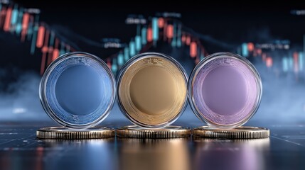 Three colorful cryptocurrency coins in front of a digital financial market graph with trend lines and data visualization on dark background