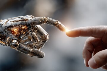 Futuristic robotic hand gently touching a human finger with sparks and light effects, symbolizing human and machine connection and advanced technology
