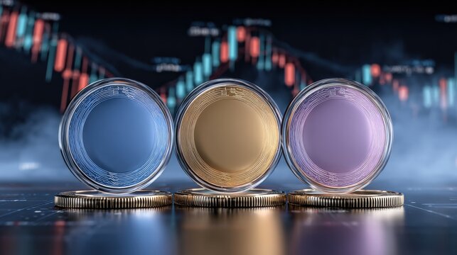 Three colorful cryptocurrency coins in front of a digital financial market graph with trend lines and data visualization on dark background