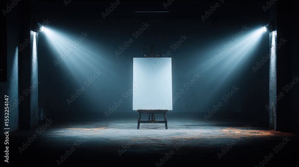 Aufkleber Artistic empty stage with bright spotlights focused on blank s or backdrop, illuminated studio or theater setting with moody dark ambiance
