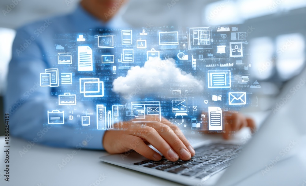 Leinwandbilder Modern cloud computing technology concept with digital data icons and holographic interface, data storage and transfer in a tech office environment