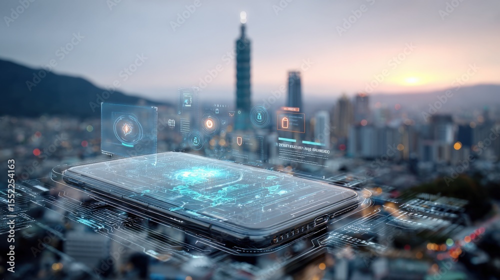 Poster futuristic smartphone with holographic interface and digital icons floating above city skyline at su