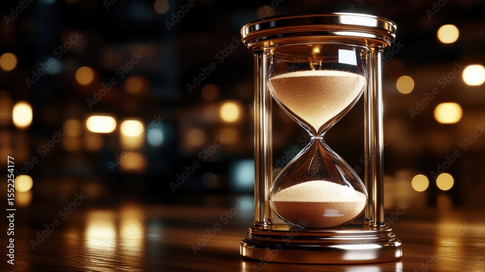 Aufkleber glass hourglass with flowing sand on wooden surface in a warm ambient setting with blurred city ligh
